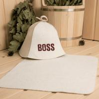 Подарочный набор для бани из войлока BOSS. 2 предмета - шапка, коврик в Новосибирске