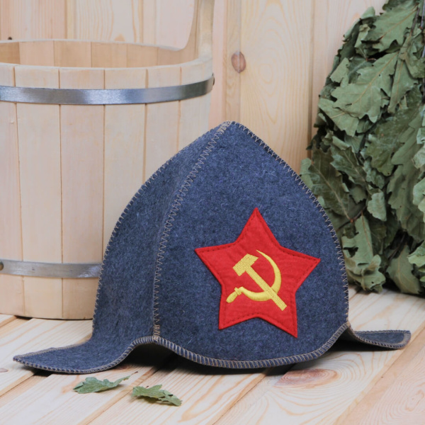 Шапка для бани и сауны мужская Буденовка Серп и молот серый 
